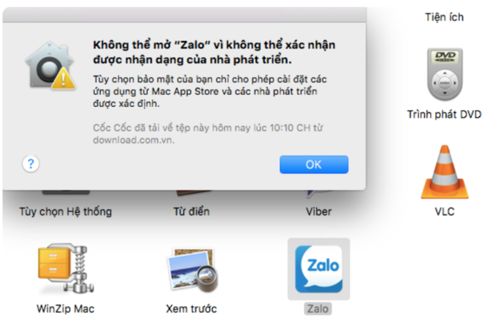 Lỗi “Không thể mở Zalo vì không thể xác nhận được nhận dạng của nhà phát triển” 