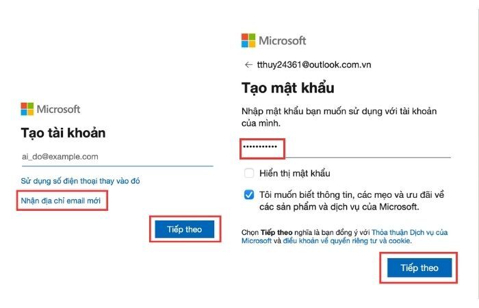 Bạn chọn “Nhận địa chỉ email mới” và tạo mật khẩu để đăng ký tài khoản trên Microsoft