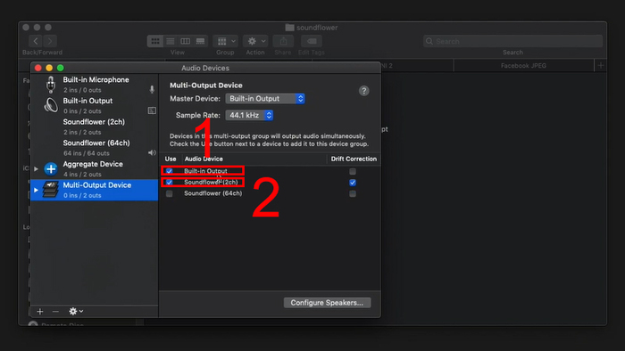 Tích vào 2 ô Built-in Output và Soundflower
