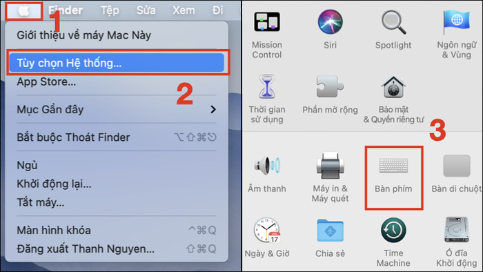 Chọn logo Apple >> Chọn System Preference (Tùy chọn hệ thống) >> Chọn Keyboard (Bàn phím)