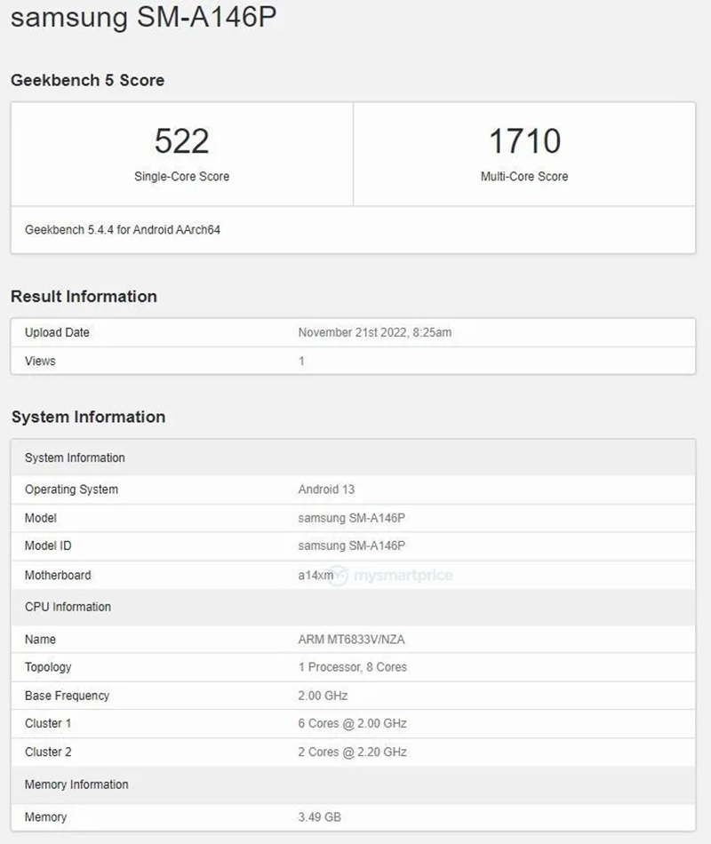 Samsung Galaxy A14 5G sử dụng chip MediaTek trên trang Geekbench