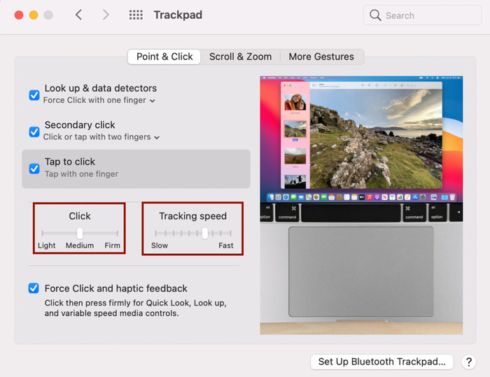 Thay đổi tốc độ, lực bấm và thao tác Force Touch trên trackpad.