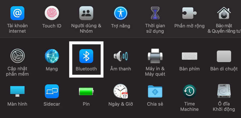 Chọn mục Bluetooth trong System Preferences