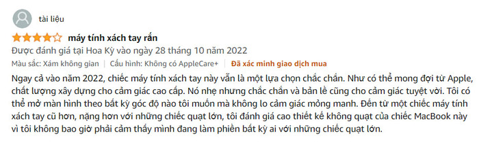 Đánh giá của một số khách hàng về trọng lượng và kích thước của MacBook Air M1