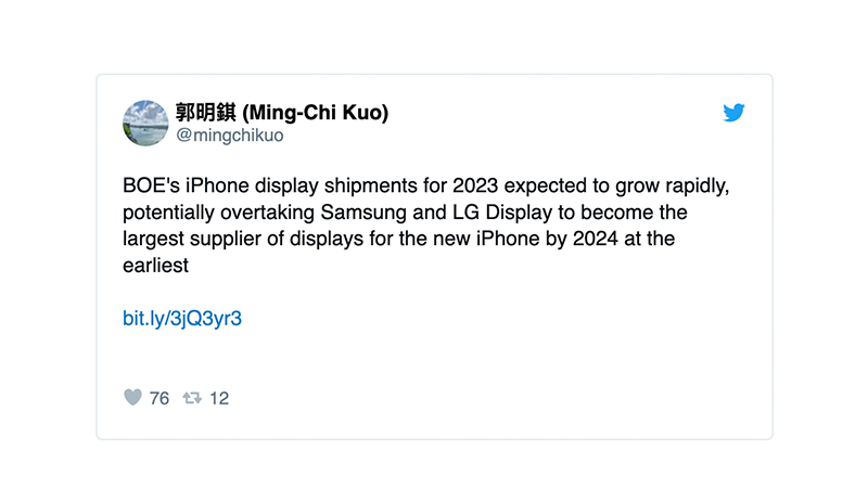 Tweet của Kuo về nhà cung cấp màn hình iPhone 15