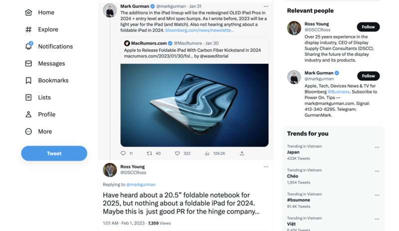 Tweet của Ross Yong và Mark Gurman cho biết Apple sẽ mắt MacBook màn hình gập vào năm 2025