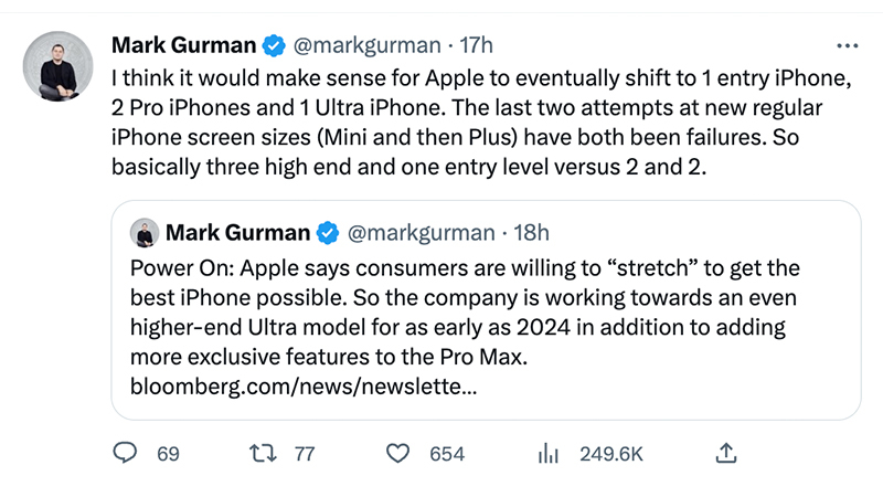 Tweet của Mark Gurman về việc iPhone 16 Ultra được ra mắt cùng iPhone 16 Pro Max trong năm 2024