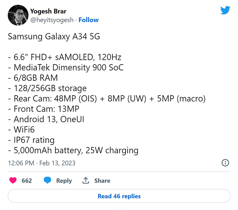 Thông số kỹ thuật đầy đủ Samsung Galaxy A34 5G được tiết lộ