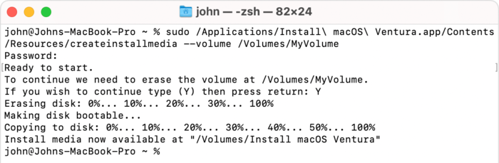 Ví dụ khi nhập lệnh Terminal để cài macOS bằng USB
