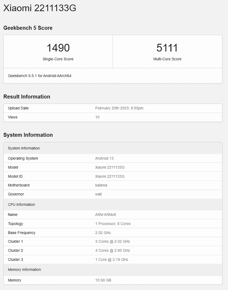 Xiaomi 13 ghé thăm trên Geekbench