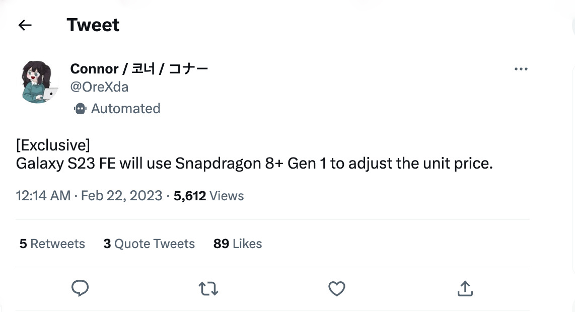 Tweet của Connor về việc Samsung Galaxy S23 FE sẽ được xuất xưởng với Snapdragon 8+ Gen 1