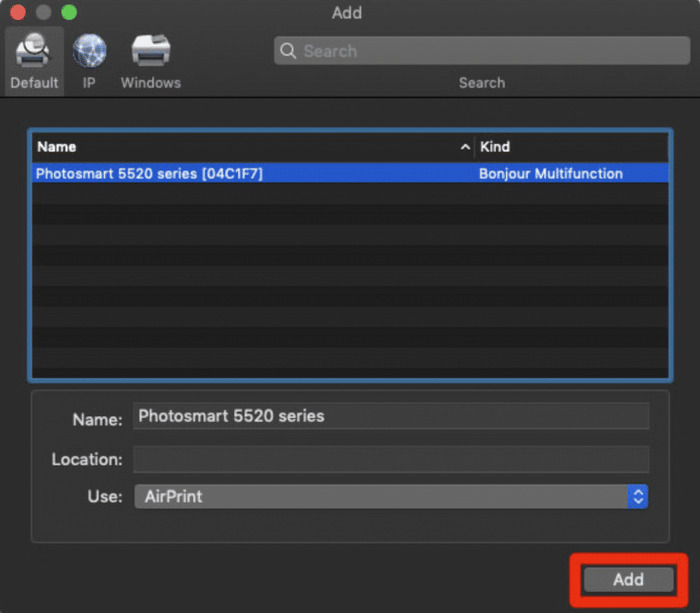 Ấn Add để kết nối máy in với MacBook của bạn