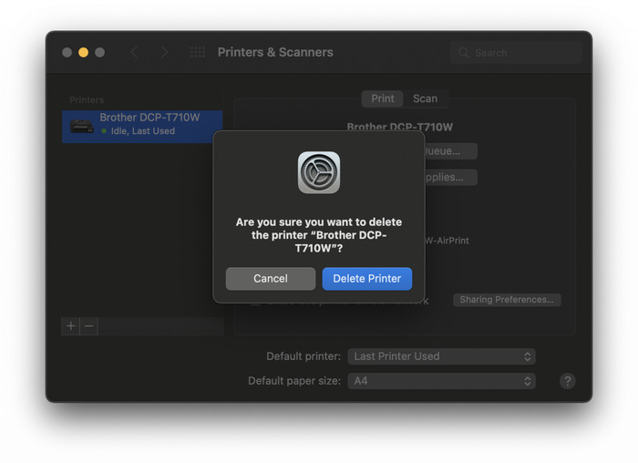 Ấn chọn Delete Printer để xóa máy in khỏi MacBook