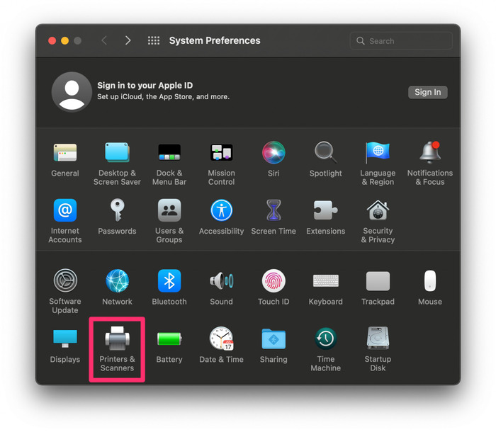 Chọn Printer & Scanners trong mục System Preferences