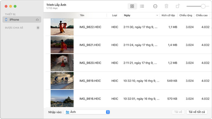Giao diện màn hình MacBook khi sử dụng Image Capture để chuyển ảnh từ  iPhone sang máy Mac 