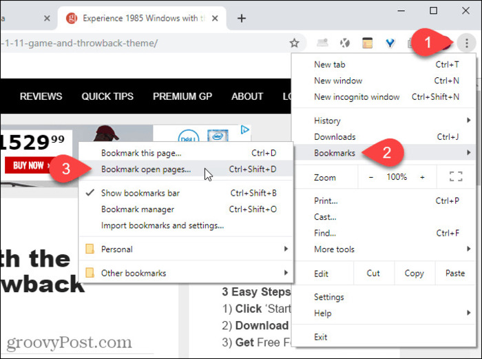 Chọn Bookmark open pages… để đánh dấu toàn bộ các tab đang mở