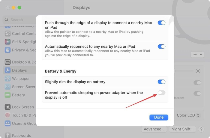 Chọn Prevent automatic sleeping on power adapter when the display is off