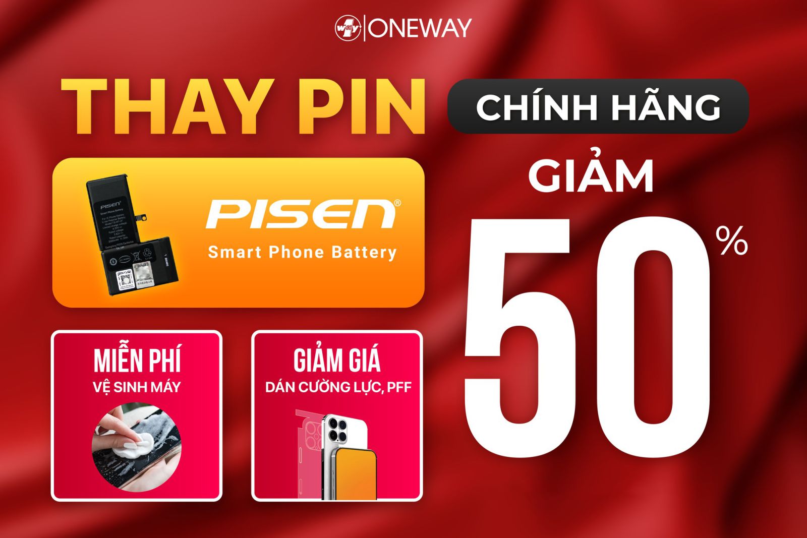 Oneway giảm 50% giá thay pin Pisen chính hãng cho iPhone