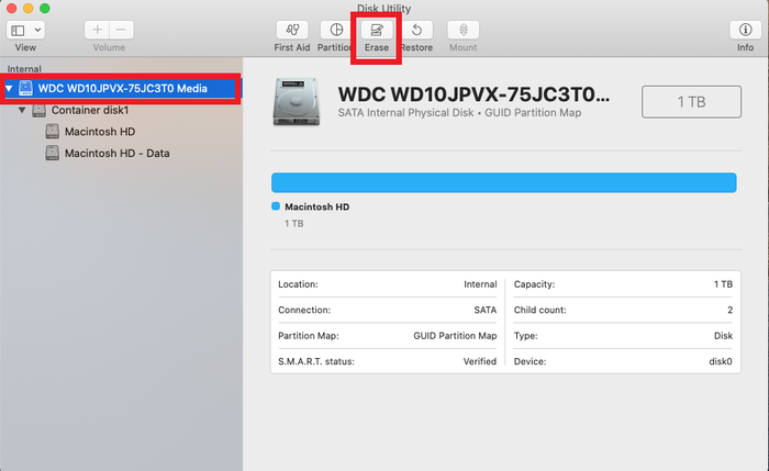 Nhấn Erase để xóa các ổ đĩa trong mục Internal