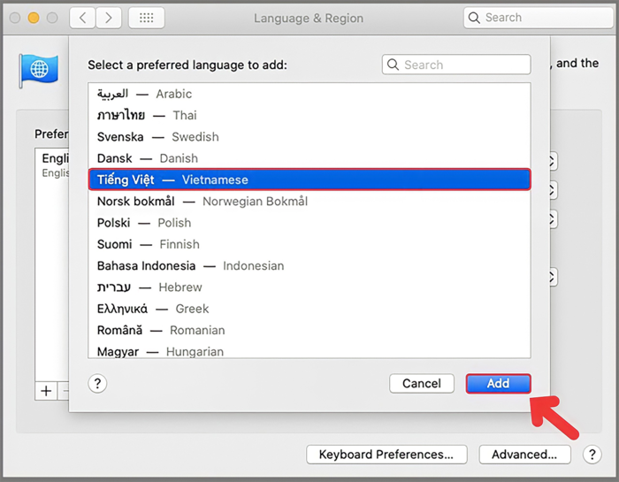 Tìm và thêm ngôn ngữ sang Tiếng Việt trên giao diện Ngôn ngữ ưu tiên