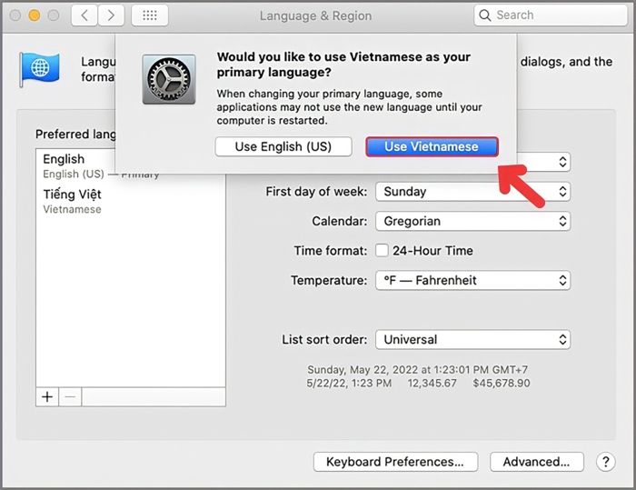 Bấm chọn "Use Vietnamese" để chuyển sang ngôn ngữ chính sang Tiếng Việt