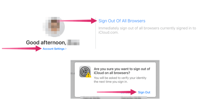 Nhấn Đăng xuất iCloud khỏi tất cả các trình duyệt trong mục Cài đặt