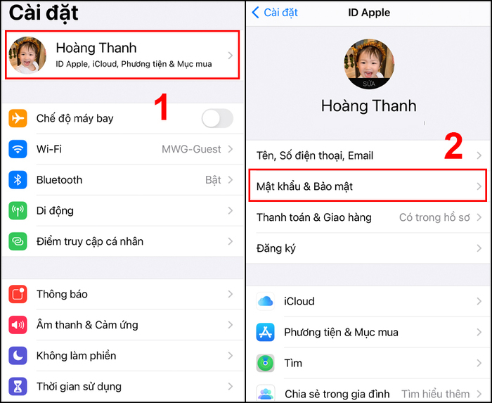 Chọn Mật khẩu & Bảo mật trong iCloud