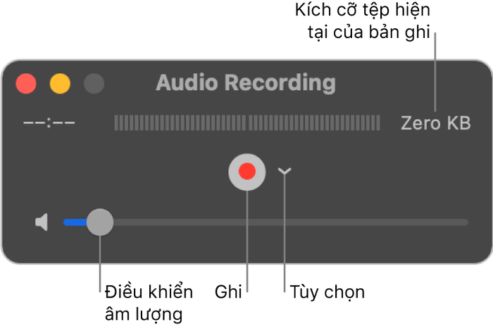 Nhấn vào nút Ghi âm màu đỏ để bắt đầu ghi âm trên MacBook