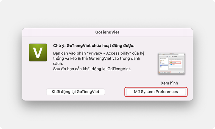 Mở System Preferences và cấp quyền truy cập cho ứng dụng