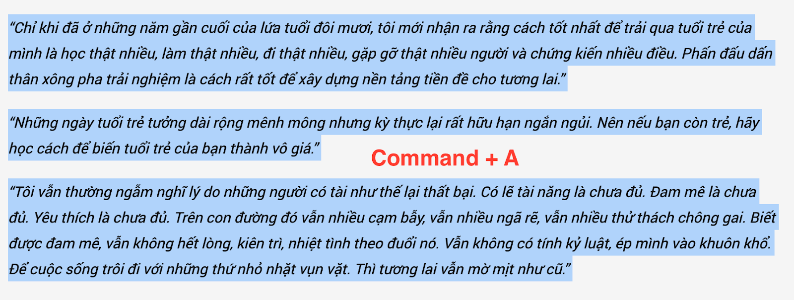 Bôi đen toàn bộ văn bản với tổ hợp phím Command + A