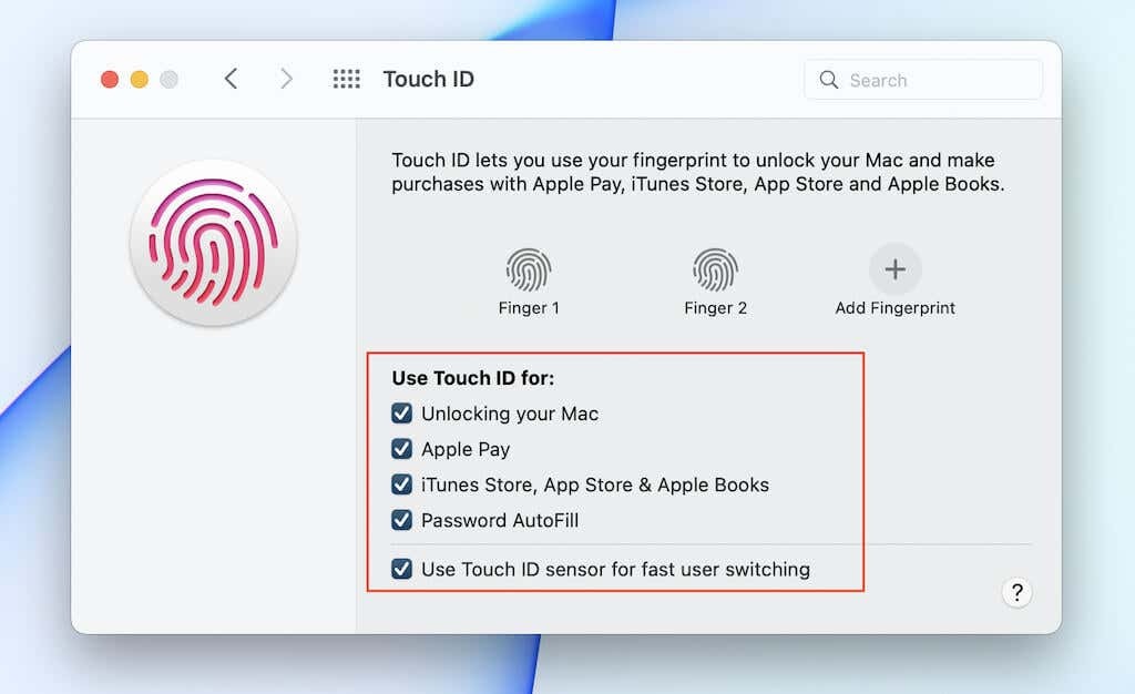 Lựa chọn tích hoặc bỏ tích các ô vuông để xác nhận tác vụ sử dụng Touch ID