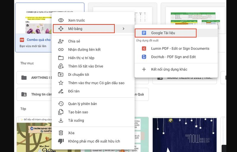 Bạn nhấp vào file rồi chọn “Mở bằng”, chọn tiếp “Google tài liệu”  