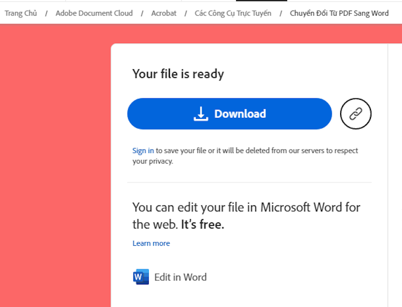 Bạn bấm vào “Download/Tải xuống” để tải file word vừa được chuyển đổi từ file PDF về máy   