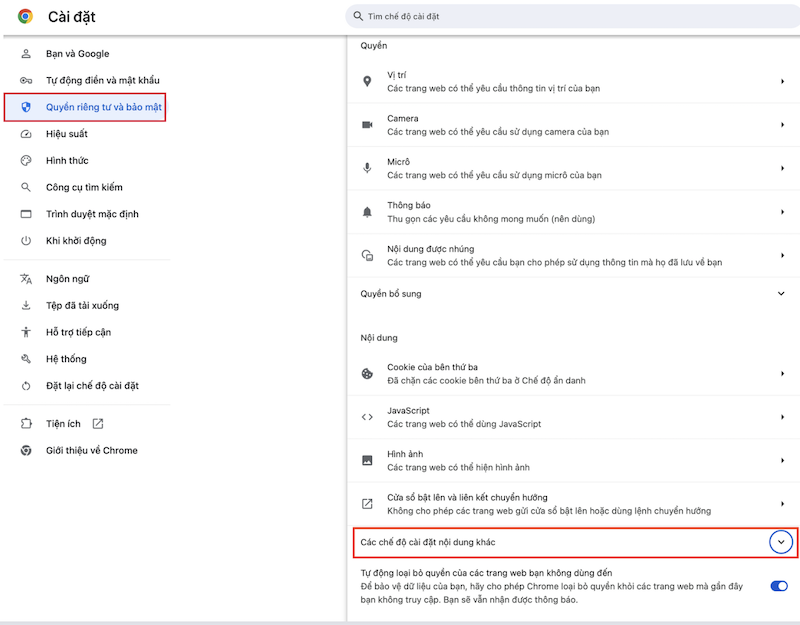 Chọn Quyền riêng tư và bảo mật > Các chế độ cài đặt nội dung khác