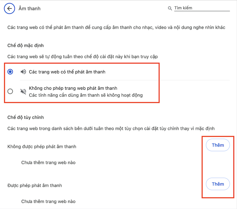 Tick chọn Các trang web có thể phát âm thanh