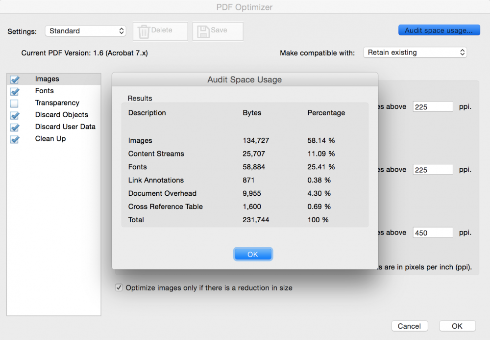 Khi cửa sổ “Audit Space Usage” xuất hiện, bạn chọn “OK” là hoàn thành việc giảm dung lượng file PDF trên Macbook  