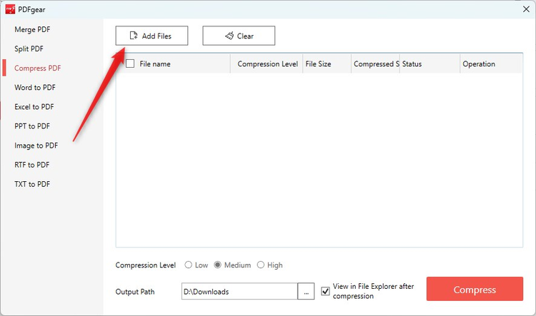 Bạn chọn vào “Add files” để tải file PDF cần nén và chọn “Compress” để quá trình nén được bắt đầu 