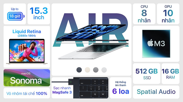 MacBook Air M3 15 inch 16GB 512GB sở hữu bộ vi xử lý M3 với nhiều tính năng vượt trội