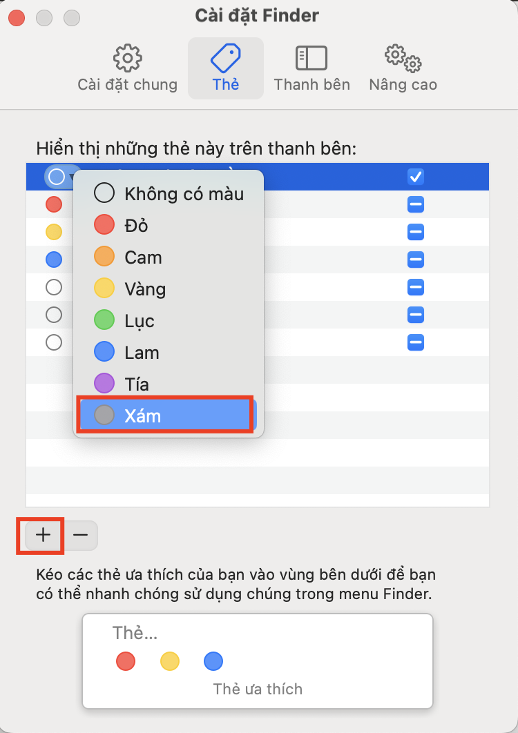 Nhấp vào dấu “+”, đặt tên và màu cho thẻ (Tabs)