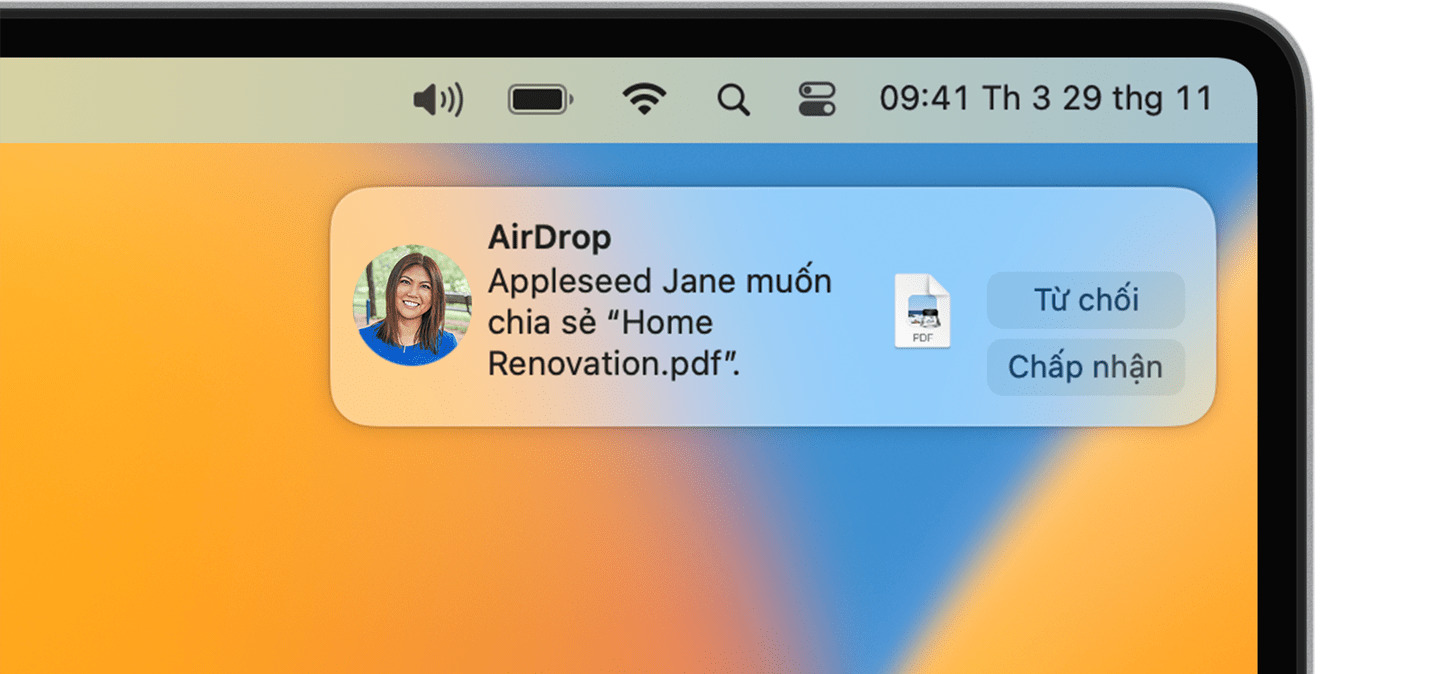 Thông báo dạng tin nhắn trong cửa sổ AirDrop khi có người muốn gửi tệp