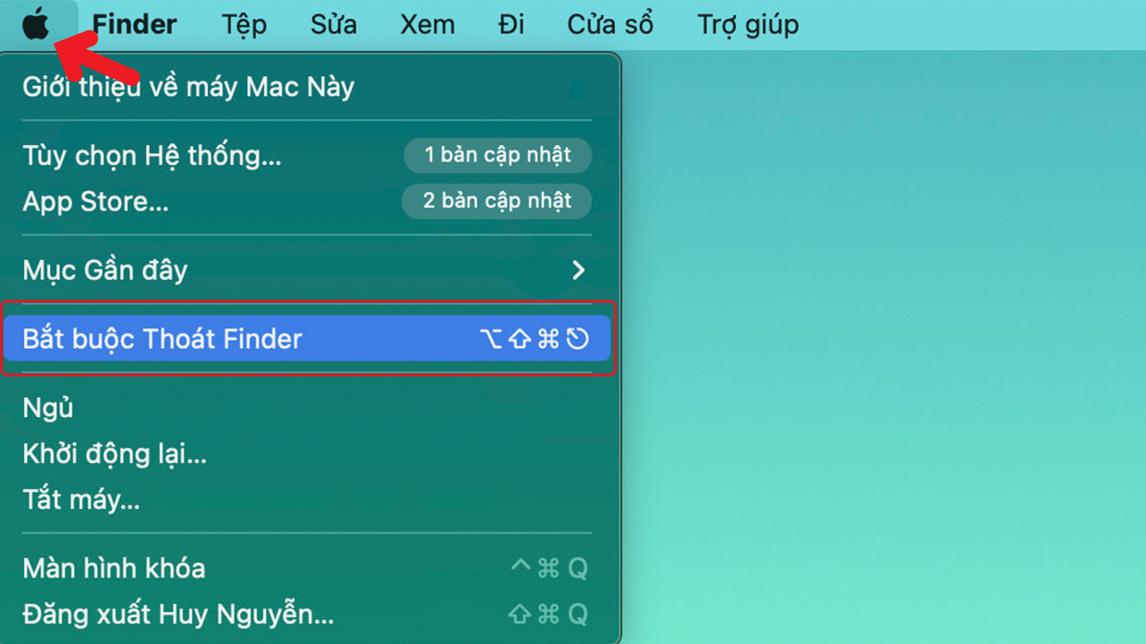 Bạn vào biểu tượng quả táo ở góc trái màn hình, chọn “Bắt buộc thoát Finder”. 