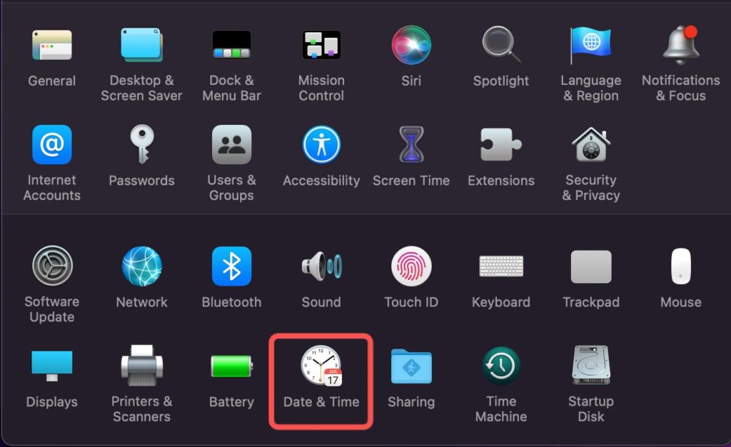 Chọn Date & Time trong cửa sổ System Preferences