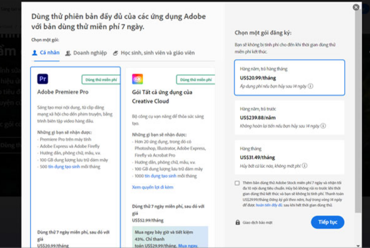 chọn gói Adobe Premiere Pro và chọn bản “Dùng thử miễn phí”