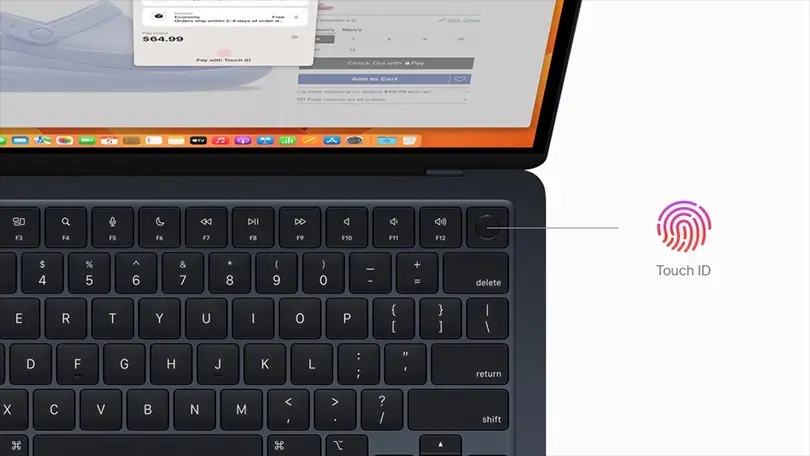 Bàn phím trên MacBook Air M2 còn được tích hợp cảm biến Touch ID, giúp người dùng đăng nhập nhanh chóng và an toàn 