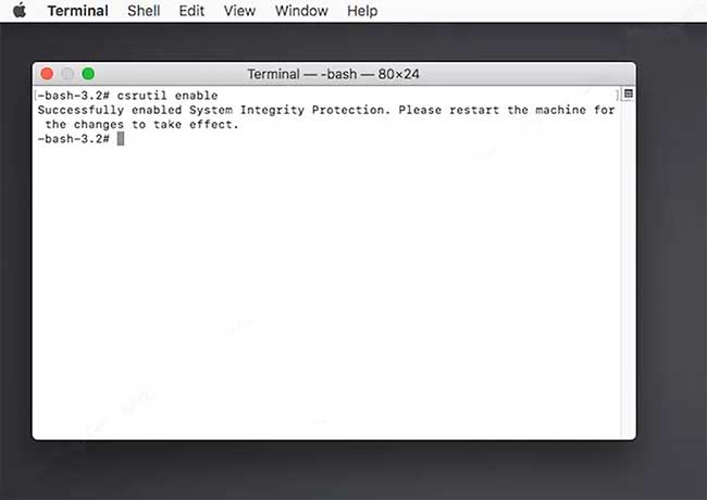 màn hình hiển thị “Successfully enabled System Integrity Protection/Đã kích hoạt thành công Bảo vệ Tính toàn vẹn Hệ thống”