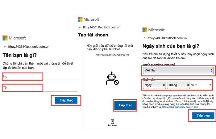 Điền các thông tin để xác minh đăng ký tài khoản tại Website Microsoft