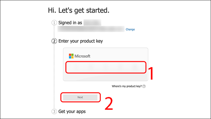 Nhập mã key sản phẩm mà bạn đã mua bộ Office và nhấn Next