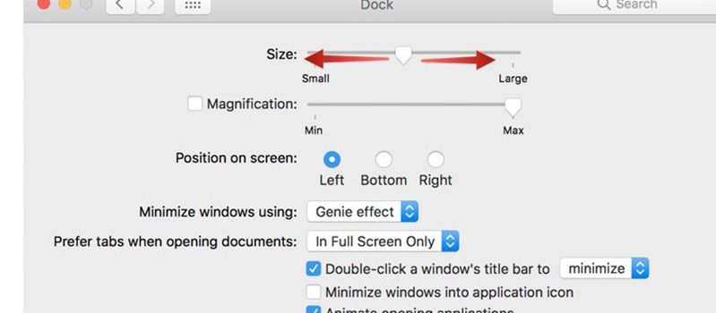 Kéo sang trái để giảm và kéo sang phải để tăng kích thước Dock
