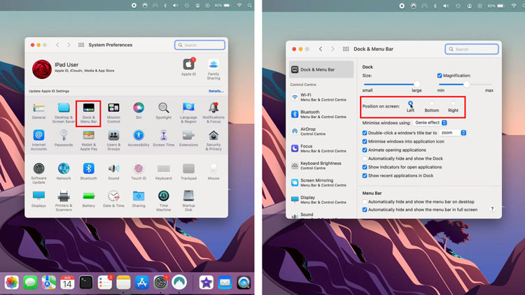 Chọn Dock & Menu Bar và nhấp vào vị trí muốn thanh Dock MacBook hiển thị