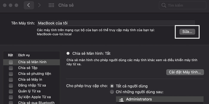 Chọn sửa tên máy chủ